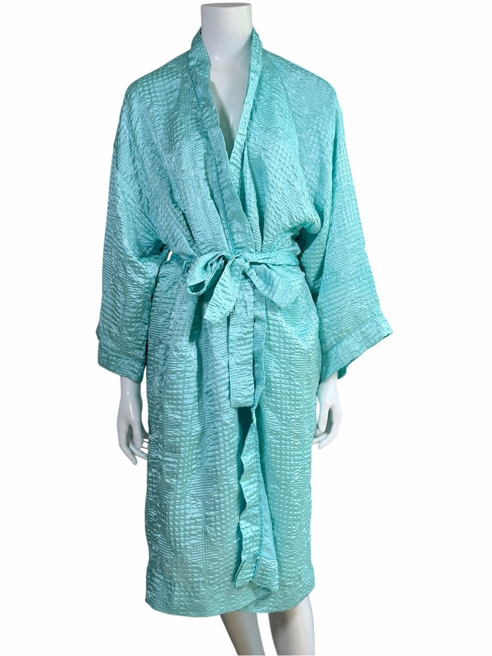 Vintage Christian Dior Aqua Seersucker Robe Belted USA One Size Spa Lounge